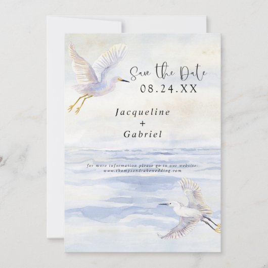 Strand Blauwe Oceaan Waterverf Witte kranen Seasho Save The Date (Voorkant)