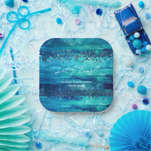 Strand blauwe waterverf golven nautische marine ch papieren bordje (Feest)