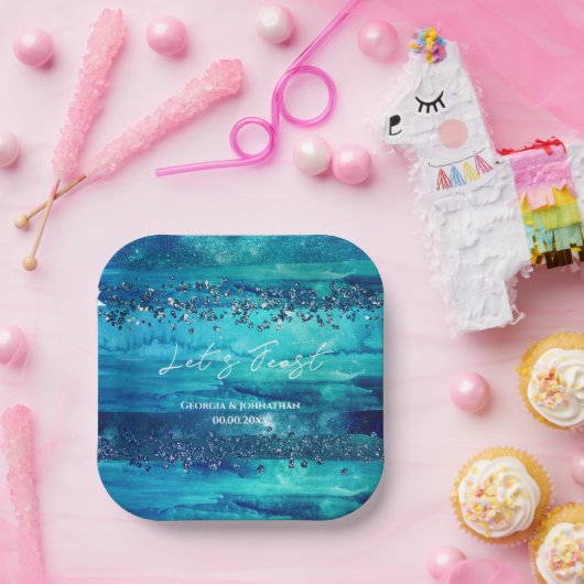 Strand blauwe waterverf golven nautische marine ch papieren bordje (Feest)