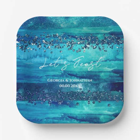 Strand blauwe waterverf golven nautische marine ch papieren bordje (Voorkant)