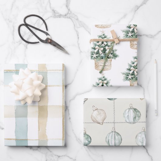 Strand Blauwe Witte Kerstboom Versieringen Inpakpapier Vel (Voorkant)