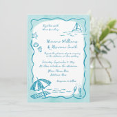 Strand Blauwgroen Hand getrokken QR RSVP All-in-On Kaart (Staand voorkant)