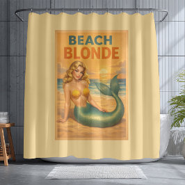 Strand Blonde Pin-Up Zeemeermin | Gele Retro Kust Douchegordijn