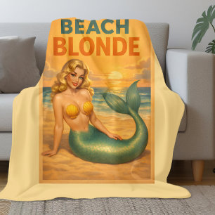 Strand Blonde Pin-Up Zeemeermin   Gele Retro Kust Fleece Deken