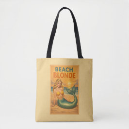 Strand Blonde Pin-Up Zeemeermin | Gele Retro Kust Tote Bag