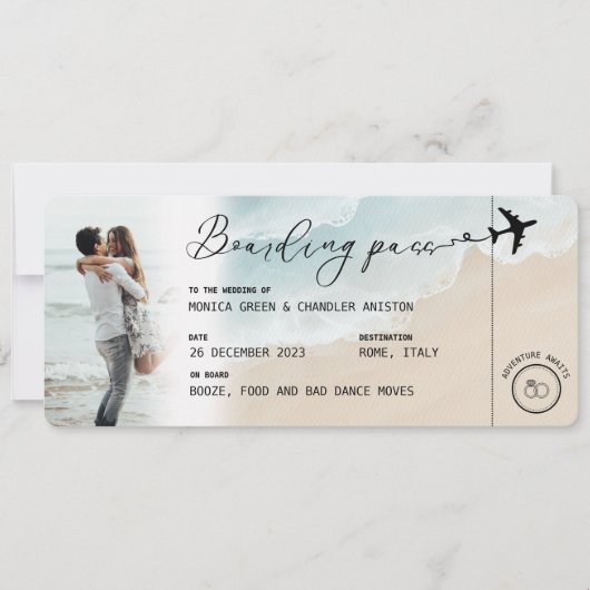 Strand Boarding Pass Bestemming Bruiloft QR code Kaart (Voorkant)