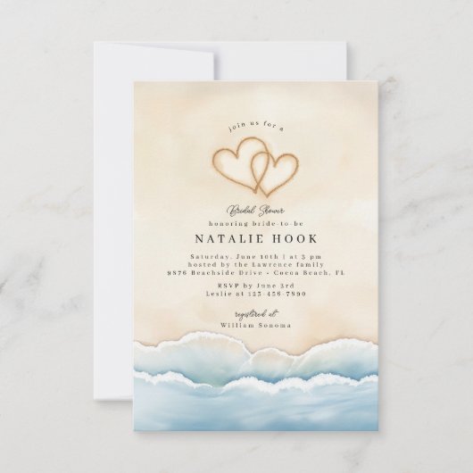Strand Bruids Douche Uitnodiging met Harten (Voorkant)
