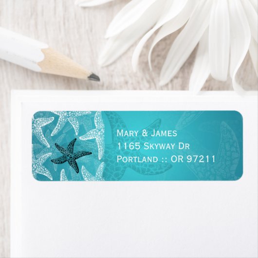 Strand bruiloft adres zeesterren blauw etiket (Insitu)