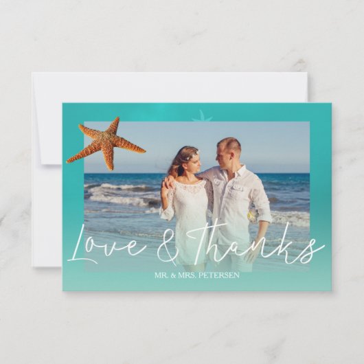 Strand bruiloft aqua blauwe zeester dank u foto bedankkaart (Voorkant)