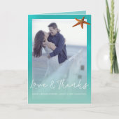 Strand bruiloft aqua blauwe zeester dank u foto bedankkaart (Voorkant)
