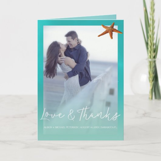 Strand bruiloft aqua blauwe zeester dank u foto bedankkaart (Voorkant)