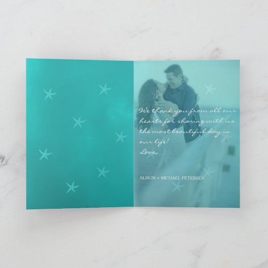 Strand bruiloft aqua blauwe zeester dank u foto bedankkaart (Binnen)