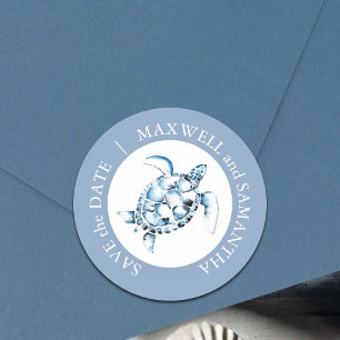 Strand Bruiloft Aquarel Zee Schildpad Blauw Ronde Sticker