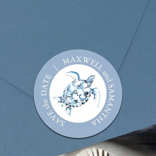 Strand Bruiloft Aquarel Zee Schildpad Blauw Ronde Sticker