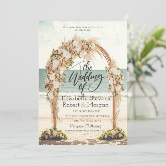 Strand Bruiloft Arbor Rozen Bruiloft Kaart (Staand voorkant)