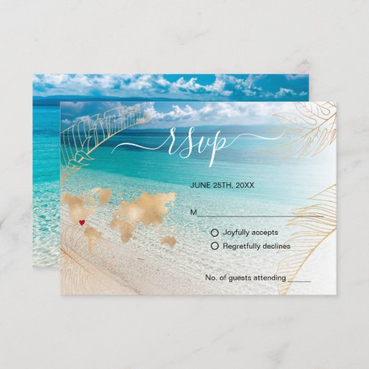 Strand Bruiloft Bestemming Paspoort Gouden Wereldk RSVP Kaartje (Voorkant / Achterkant)