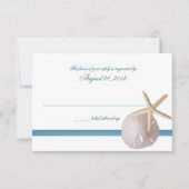 Strand Bruiloft Blauw met Zanddollar en Zeester RSVP Kaartje (Voorkant)