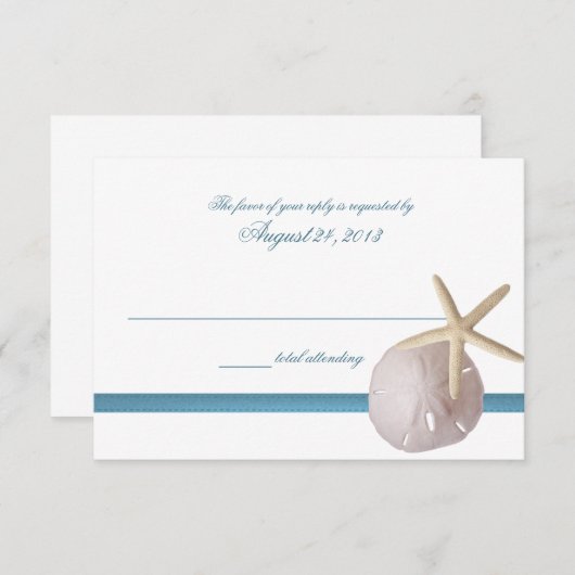 Strand Bruiloft Blauw met Zanddollar en Zeester RSVP Kaartje (Voorkant / Achterkant)