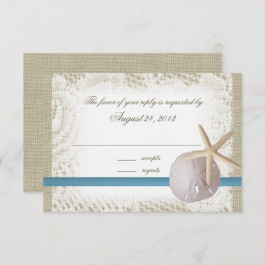Strand Bruiloft Blauw met Zanddollar en Zeester RSVP Kaartje (Voorkant / Achterkant)