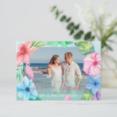 Strand bruiloft blauw roze tropische FOTO dank u Bedankkaart (Staand voorkant)