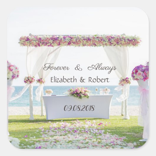 Strand Bruiloft Bloemen Vierkante Sticker (Voorkant)