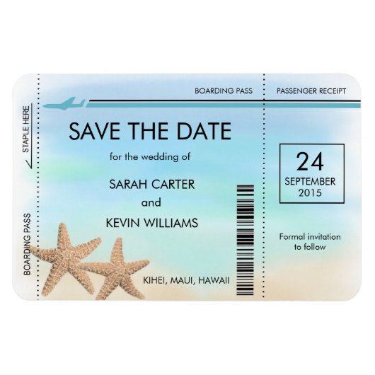 Strand Bruiloft Boarding Pass Save the Date Magnet Magneet (Horizontaal)