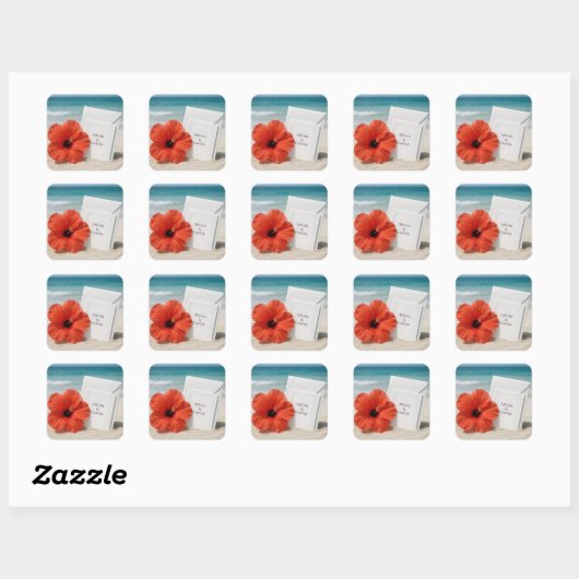 Strand bruiloft briefpapier met hibiscus bloem vierkante sticker (Vel)