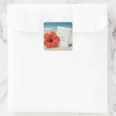 Strand bruiloft briefpapier met hibiscus bloem vierkante sticker (Tas)