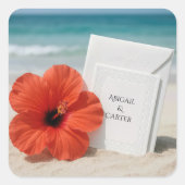 Strand bruiloft briefpapier met hibiscus bloem vierkante sticker (Voorkant)