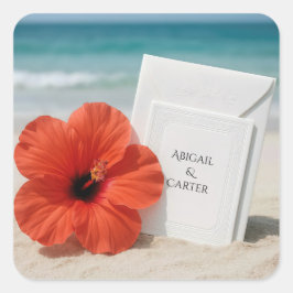 Strand bruiloft briefpapier met hibiscus bloem vierkante sticker