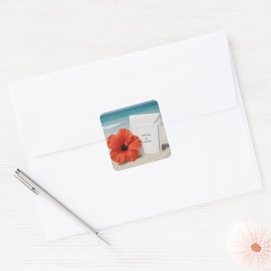 Strand bruiloft briefpapier met hibiscus bloem vierkante sticker (Envelop)
