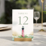 Strand Bruiloft Decor Vuurtoren Tafelnummer<br><div class="desc">Verhoog uw bruiloft-decor met een strandthema met onze boeiende tafelnummers, onderdeel van Do Tell A Belle's prachtige kust Jupiter vuurtoren stationery suite. Elk stuk is versierd met een prachtige replicatie van originele waterverf kunst in tinten van rood, turquoise en groen, en kan worden aangepast met uw tafelnummer, namen en trouwdatum....</div>