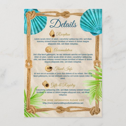 Strand Bruiloft Details Turquoise Seashell Touw Pa Informatiekaartje (Voorkant)