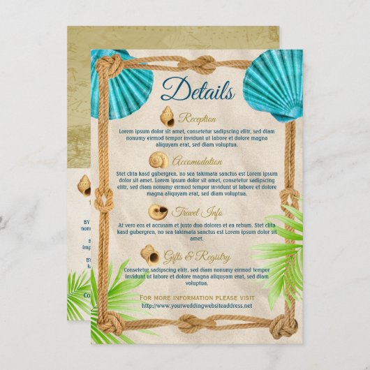 Strand Bruiloft Details Turquoise Seashell Touw Pa Informatiekaartje (Voorkant / Achterkant)