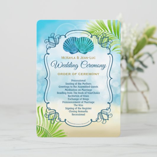 Strand Bruiloft Entourage Orde van Ceremonie Dag v Programmakaart (Staand voorkant)