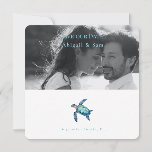Strand Bruiloft Foto Save the Date met Zeeschildpa (Voorkant)