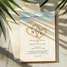 Strand bruiloft foto uitnodiging met zand harten