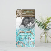 Strand bruiloft fotokaart Dolfijnen Blauwe schelpe Save The Date (Staand voorkant)