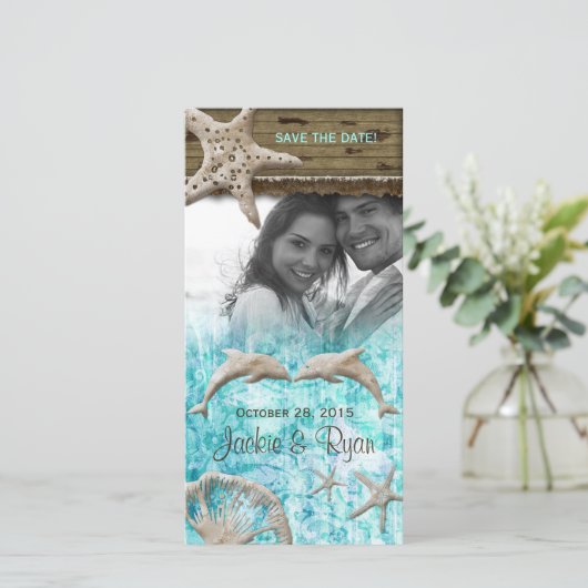 Strand bruiloft fotokaart Dolfijnen Blauwe schelpe Save The Date (Staand voorkant)
