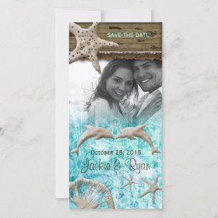 Strand bruiloft fotokaart dolfijnen blauwe schelpe save the date