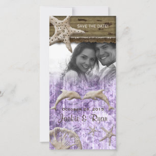 Strand bruiloft fotokaart Dolfijnen Paarse schelpe Save The Date