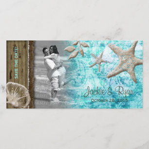 Strand Bruiloft Fotokaart Zeeschelp Blauw Hout Save The Date