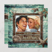 Strand Bruiloft Groene Uitnodiging Zee Schelpen (Voorkant / Achterkant)