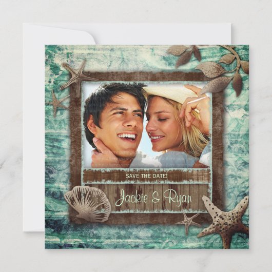 Strand Bruiloft Groene Uitnodiging Zee Schelpen (Voorkant)