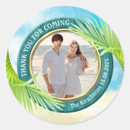 Strand bruiloft gunst uw foto palmblad tropisch ronde sticker