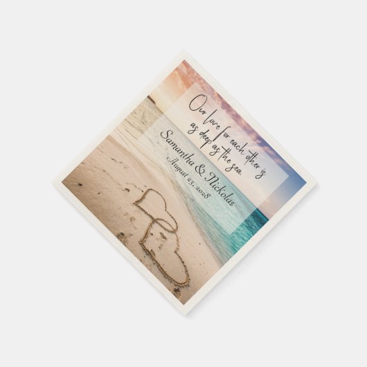 Strand bruiloft harten in zand gepersonaliseerd servet (Hoek)
