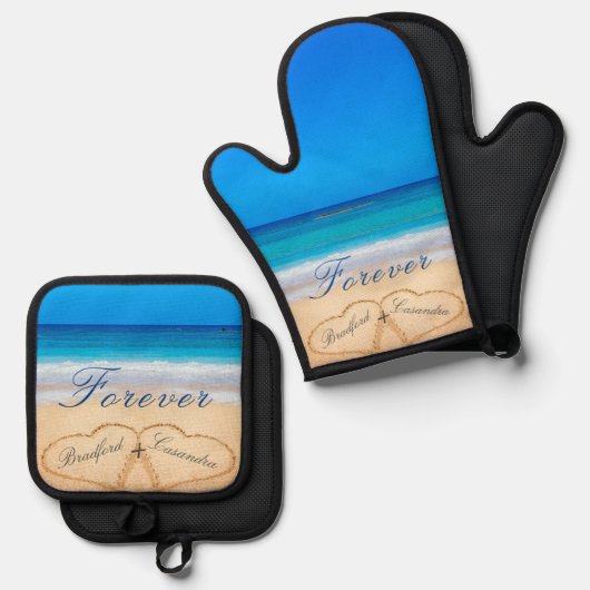 Strand Bruiloft / Jubileum Keepsake Harten Zand Ovenwant & Pannenlap Set (Voorkant / Achterkant)