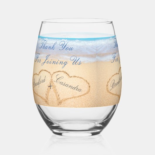 Strand Bruiloft Koppels Namen in Harten in Zand Th Wijnglas Zonder Voet (Voorkant)