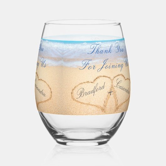 Strand Bruiloft Koppels Namen in Harten in Zand Th Wijnglas Zonder Voet (Achterkant)