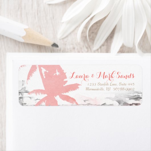 Strand Bruiloft Label Coral Palm Trees Hout (Insitu)